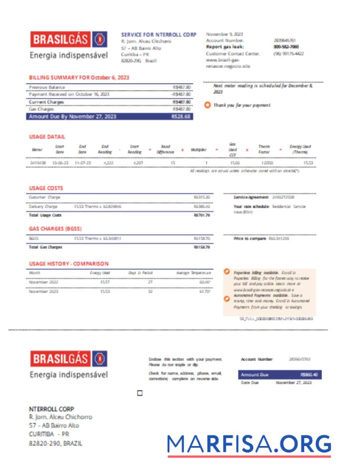 Realistic Brazil Gas utility business bill, SCR real example
